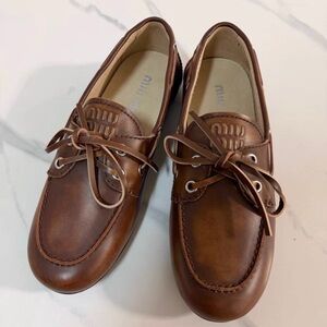 Miu Miu Chestnut Brown Leather Lace-Up Loafers